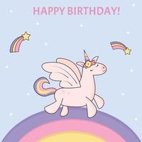 tarjeta de cumpleaños unicornio con alas de arco iris y estrellas vector