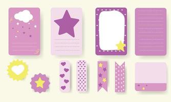 To-do list, post-it and scotch tape set. cute note pad. note paper with abstract star, heart, cloud in lilac, yellow. vector