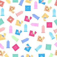 Seamless pattern of different condoms, line style packages vector