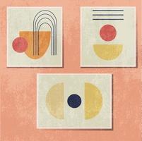 Modern abstract geometric poster with grunge texture. Circle, oval, lines, rainbow in yellow, blue, red. vector