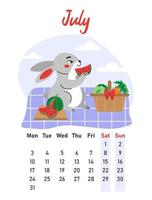 July 2023 calendar. The hare eats a watermelon on a picnic. Flat vector illustration.