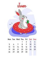 June 2023 calendar. The hare is relaxing in a swimming circle. Flat vector illustration.