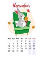 November 2023 calendar. The hare sits in a armchair and reads. Flat vector illustration.