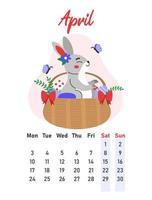 April 2023 calendar. The hare sits in a wicker basket with Easter eggs. Flat vector illustration.