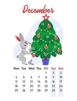 December 2023 calendar. The hare decorates the Christmas tree with balls and stars. Flat vector illustration.