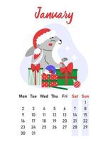 January 2023 calendar. The hare with a Santa hat sits among Christmas presents. Flat vector illustration.