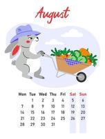 August 2023 calendar. The hare farmer rolls a wheelbarrow with fresh vegetables. Flat vector illustration.