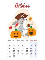October 2023 calendar. The hare in pirate costume celebrates Halloween. Flat vector illustration.