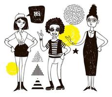 Doodle women and geometric elements. vector