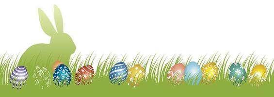 Easter Vector Background Illustration With Grassy Field, A Rabbit Silhouette, And Colorful Eggs Isolated On A White Background.