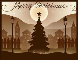 Merry Christmas Winter Landscape Skyline Silhouette. Silhouette of Christmas Tree , Houses And Conifers With Christmas Greetings. Merry Christmas Greeting Card