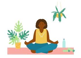 mujer afroamericana meditando en la estera de yoga. ilustración vectorial plana de autocuidado. vector