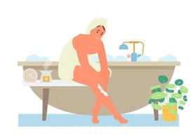 Self Care And Time For Yourself Flat Vector Illustration. Woman In Towel In Bathroom Puts On Body Cream.