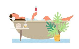 Self Care Concept Vector Illustration. Woman In Headphones Relaxes In Bath With Glass Of Wine.