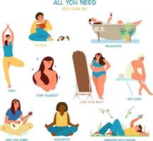 Self Care And Time For Yourself Illustrations Flat Vector Set. Women Enjoying Time Alone. Reading, Taking Bath, Practicing Yoga, Self Hugging, Admiring Herself, Meditating, Playing Ukulele etc.