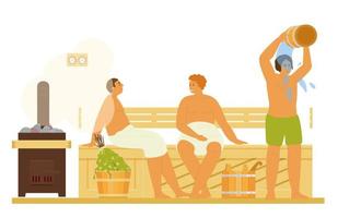 Men Relaxing, Taking Steam Bath, Drenching With Water In Sauna Or Banya. Healthy Activity. Flat Illustration. vector
