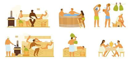 Vector Set Of Different People In Sauna Or Banya Taking Steam Bath, Washing, Drenching With Water, Drinking Tea From Samovar. Healthy Activity. Flat Illustration.