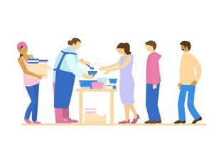 Volunteers serving food to people in need. Charity and humanitarian aid. Food sharing.Flat vector illustration.