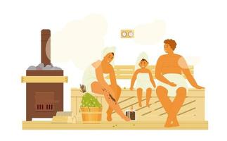 Family In Sauna Taking Steam Bath. Healthy Lifestyle. Bathhouse Interior with Heater, Brooms, Buckets, Bench. Flat Vector Illustration.