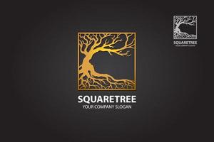 Square Gold Tree Vector Logo Illustration. Logo of a stylized ancient tree in rounded square shape.