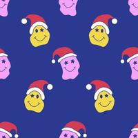 Seamless pattern with crazy smiley face in red Santa hat. Ttrippy groovy y2k style vector