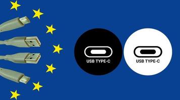 illustration Concept of European Union law to force USB-C charger for all mobile phones. EU flag and USBC universal charging cable. Selective focus. photo