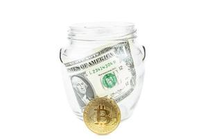 Dollar and bitcoin white background photo