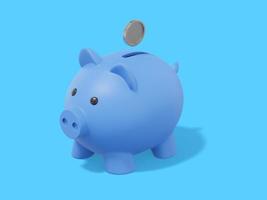 Accumulation of savings icon. 3D rendering. Blue piggy bank with falling coins on blue background. photo