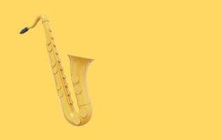 saxofón amarillo, instrumento musical, de lado. representación 3d icono sobre fondo amarillo, espacio para texto. foto