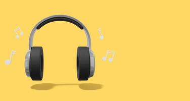 3d rendering. Realistic gray headphones with musical notes on yellow background with space for text. Front view. photo