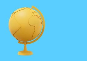 Globe Earth on a stand. Minimalist cartoon. Yellow icon on blue background with space for text. 3D rendering. photo