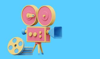 Vintage red cartoon style movie camera. Funny retro video camera. 3D rendering. Icon on blue background, text space. photo