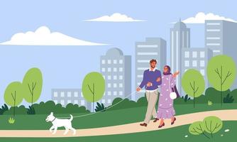 paisaje con una pareja musulmana paseando a un perro en el parque de la ciudad. ilustración vectorial plana. vector