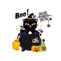 feliz tarjeta de felicitación de halloween con gato negro en un sombrero de bruja. vector