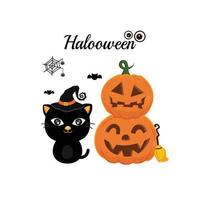 Happy Halloween greeting card with black cat in a witch hat. vector