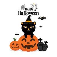 Happy Halloween greeting card with black cat in a witch hat. vector