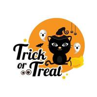 Happy Halloween greeting card with black cat in a witch hat. vector