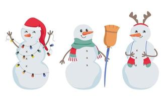 conjunto de diferentes muñecos de nieve. personajes navideños en estilo de dibujos animados. vector