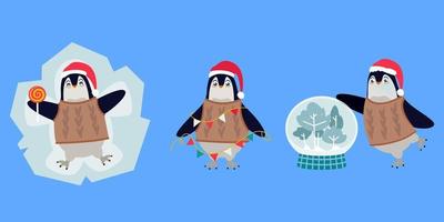 Penguin in different poses. Cute Christmas character. vector