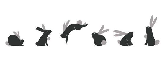 Vector Flat Christmas black rabbits silhouettes in different poses for New Year decoration elements design. Bunny sit, jump, stand. 2023 the year of the rabbit.