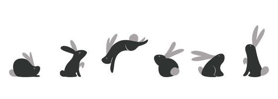 Vector Flat Christmas black rabbits silhouettes in different poses for New Year decoration elements design. Bunny sit, jump, stand. 2023 the year of the rabbit.