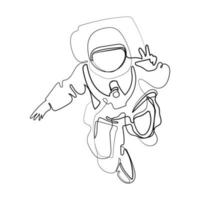 Astonaut in space showing peace gesture two fingers up continuous line drawing isolated vector illustration.Space traveler astronaut concept.Trendy one line graphic design