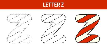 Letter Z Candy Cane, tracing and coloring worksheet for kids vector