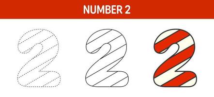 Number 2 Candy Cane, tracing and coloring worksheet for kids vector