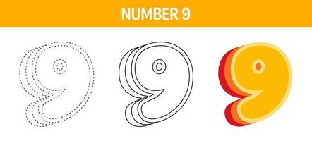 Number 9 Orange, tracing and coloring worksheet for kids vector