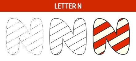 Letter N Candy Cane, tracing and coloring worksheet for kids vector