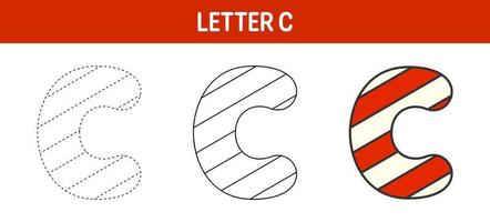 Letter C Candy Cane, tracing and coloring worksheet for kids vector