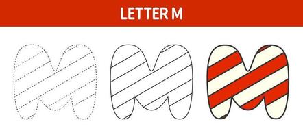 Letter M Candy Cane, tracing and coloring worksheet for kids vector