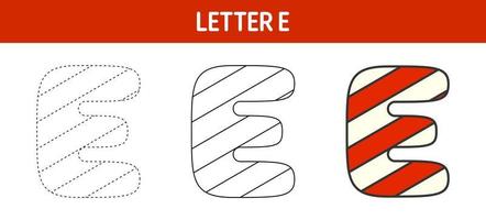 Letter E Candy Cane, tracing and coloring worksheet for kids vector