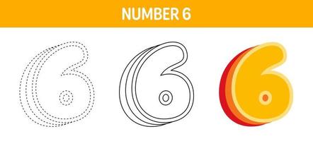 Number 6 Orange, tracing and coloring worksheet for kids vector